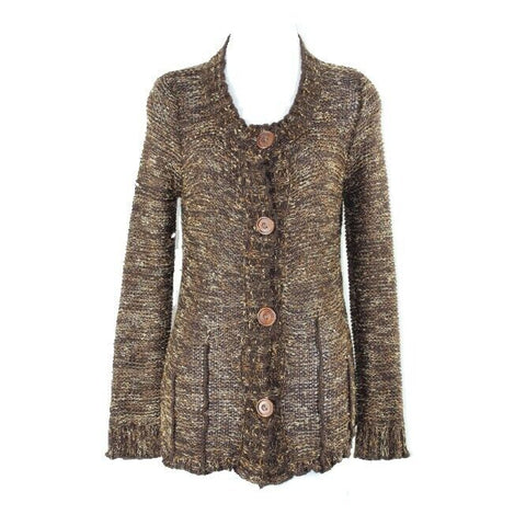 BCBGMaxazria Sz M Brown Multi Big Button Front Acrylic Nylon Knit Cardigan
