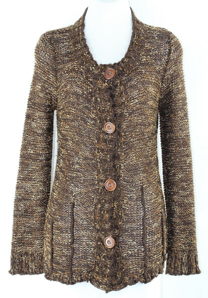 BCBGMaxazria Sz M Brown Multi Big Button Front Acrylic Nylon Knit Cardigan