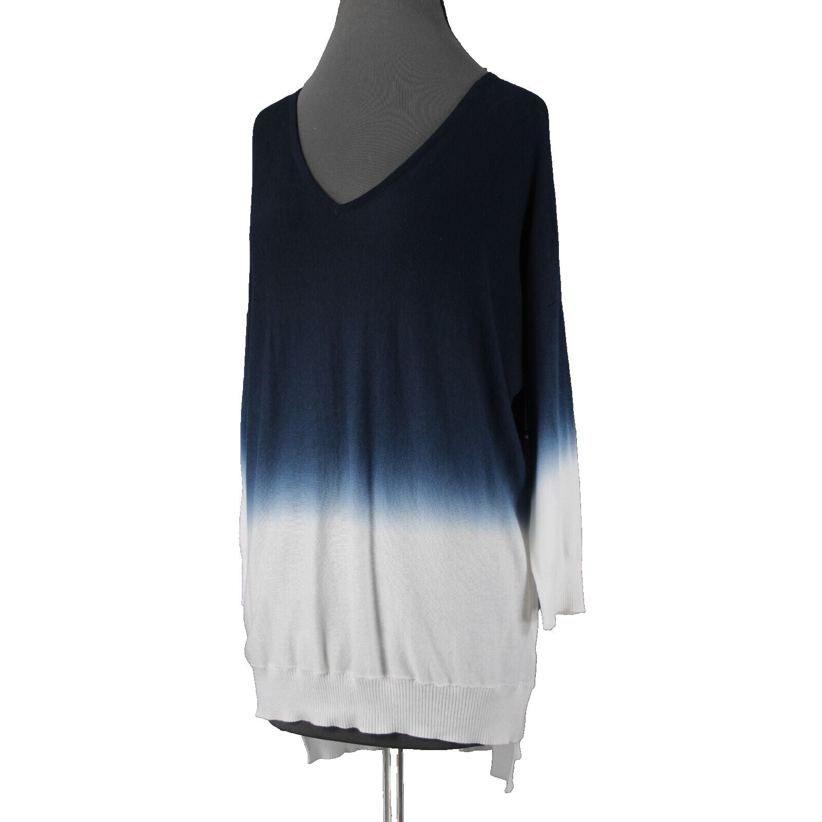 Tribal NEW $91 Sz M Blue White Ombre V Neck Aysmm Cotton Viscose Sweater