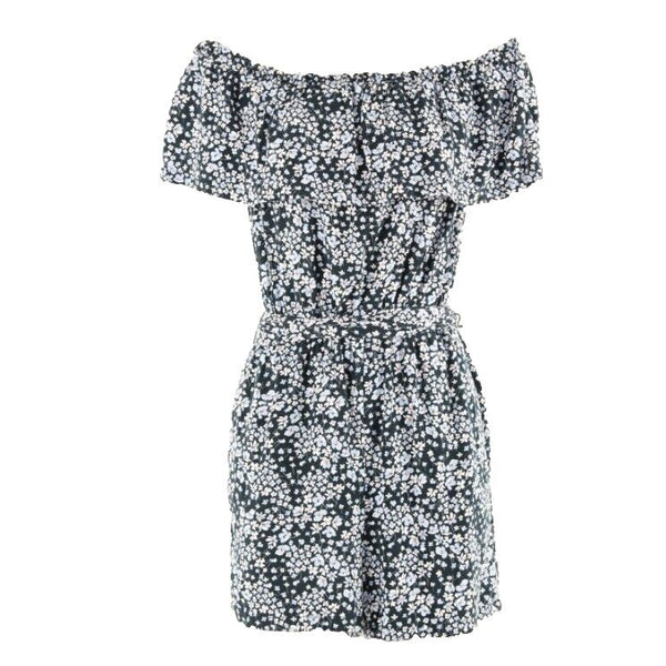 H&M 4 x 2" Navy Blue White Pink Belted Off Shoulder Ruffle Viscose Romper