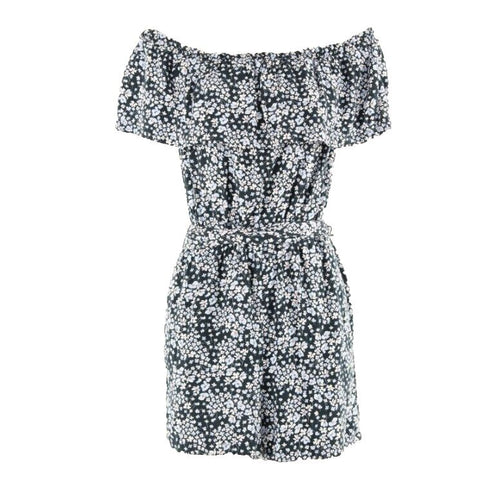 H&M 4 x 2" Navy Blue White Pink Belted Off Shoulder Ruffle Viscose Romper