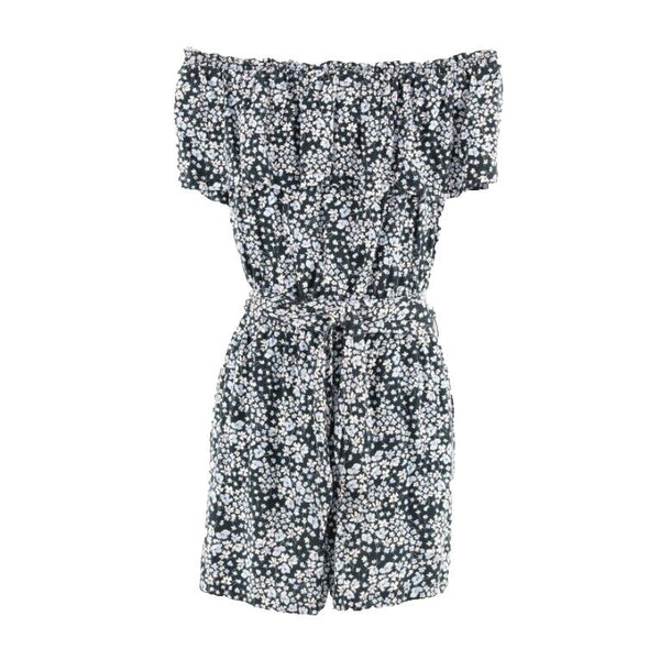H&M 4 x 2" Navy Blue White Pink Belted Off Shoulder Ruffle Viscose Romper