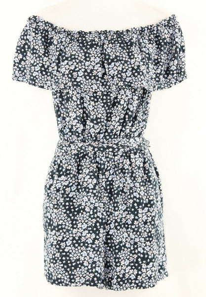 H&M 4 x 2" Navy Blue White Pink Belted Off Shoulder Ruffle Viscose Romper