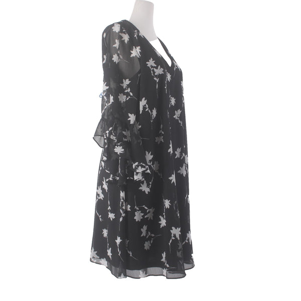 Calvin Klein Dress Sz 12 Black White Floral V Neck Lined 100% Polyester Dress