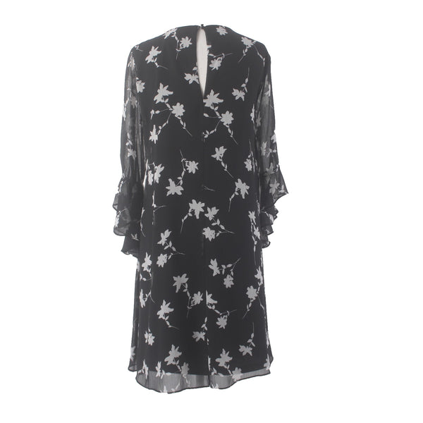 Calvin Klein Dress Sz 12 Black White Floral V Neck Lined 100% Polyester Dress