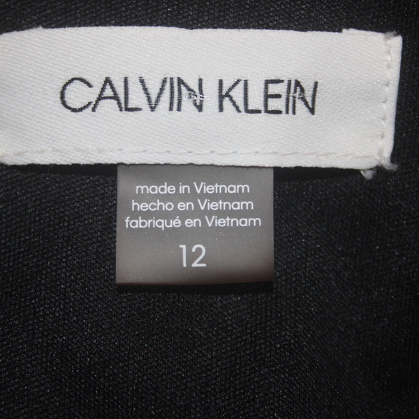 Calvin Klein Dress Sz 12 Black White Floral V Neck Lined 100% Polyester Dress