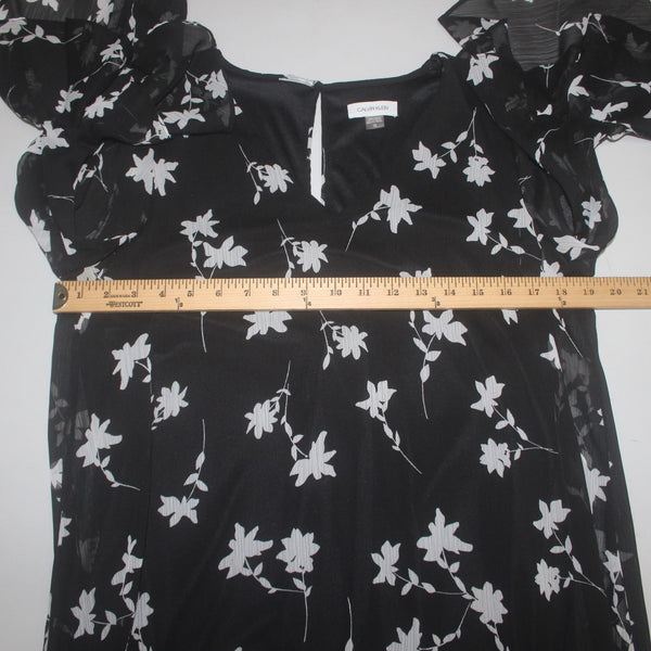 Calvin Klein Dress Sz 12 Black White Floral V Neck Lined 100% Polyester Dress