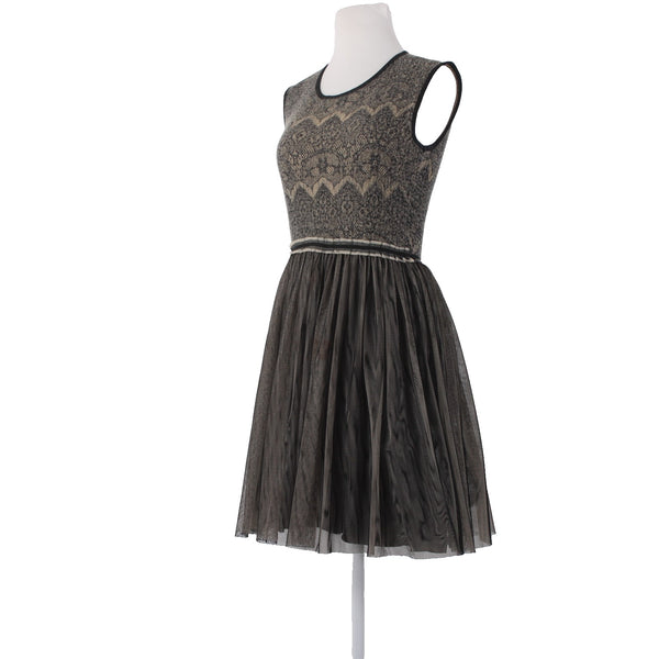Weston Wear Dress Sz S Black Tan Nude Lace Ruffles Mesh Nylon Acrylic Wool Dress