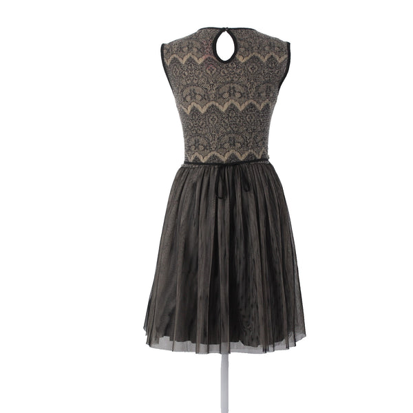 Weston Wear Dress Sz S Black Tan Nude Lace Ruffles Mesh Nylon Acrylic Wool Dress