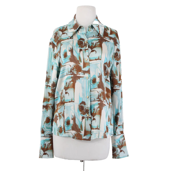 St John Top Sz 10 Blue White Brown Floral Collared Buttons Silk Spandex Top