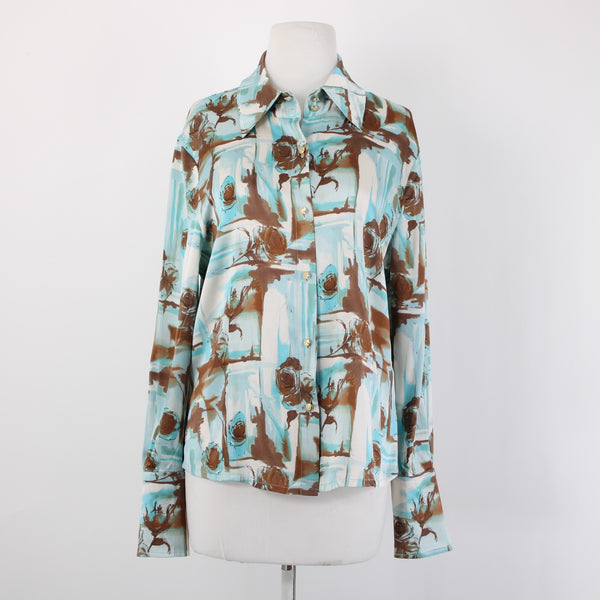 St John Top Sz 10 Blue White Brown Floral Collared Buttons Silk Spandex Top