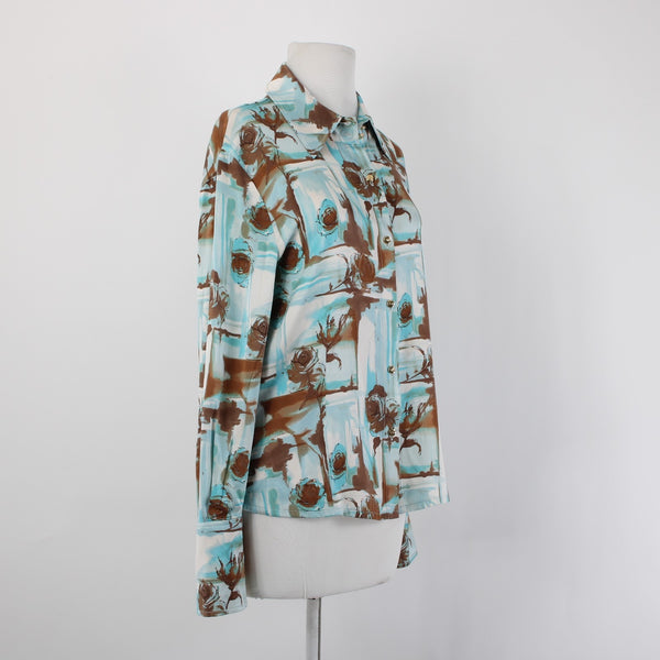 St John Top Sz 10 Blue White Brown Floral Collared Buttons Silk Spandex Top