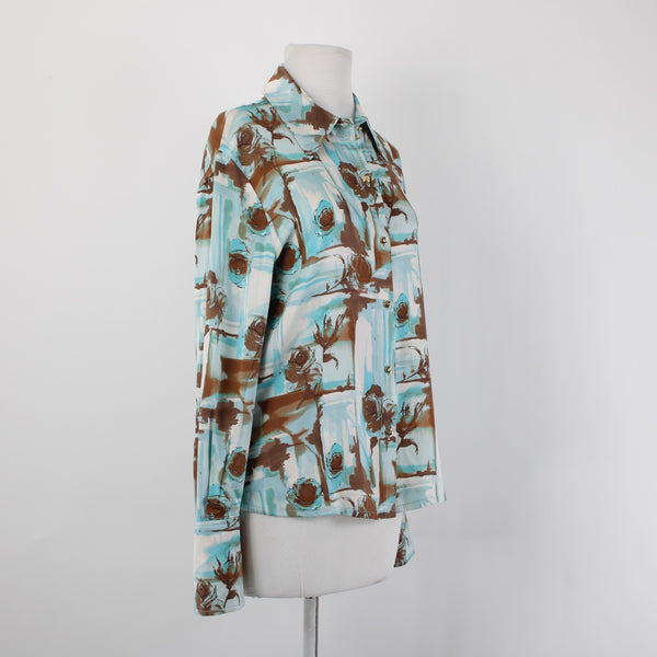 St John Top Sz 10 Blue White Brown Floral Collared Buttons Silk Spandex Top