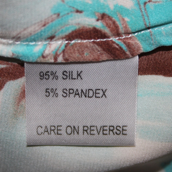St John Top Sz 10 Blue White Brown Floral Collared Buttons Silk Spandex Top