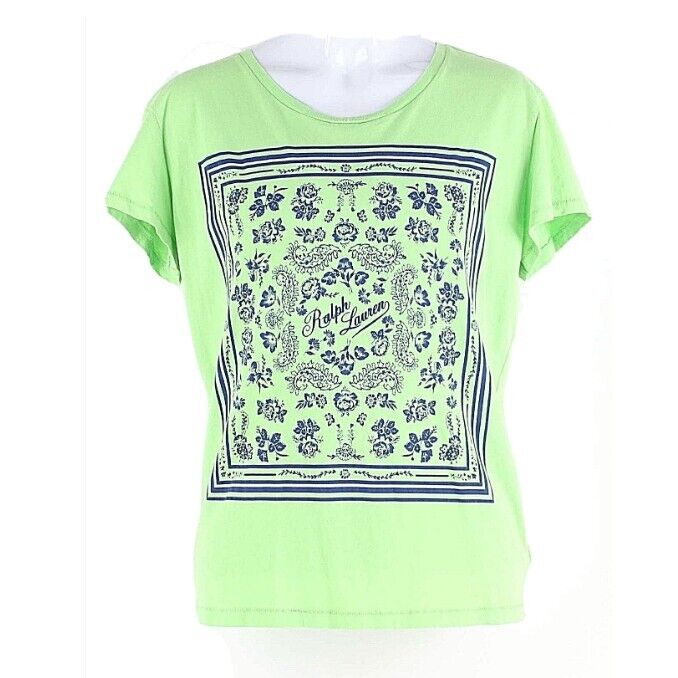 Ralph Lauren Sz 16 Girls Lime Green Royal Blue Logo Graphic 100% Cotton Top
