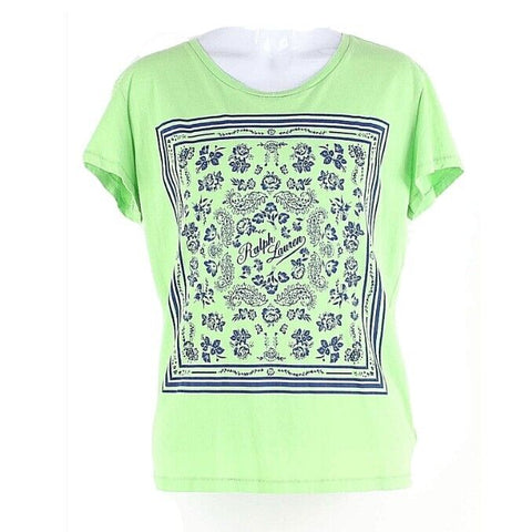 Ralph Lauren Sz 16 Girls Lime Green Royal Blue Logo Graphic 100% Cotton Top