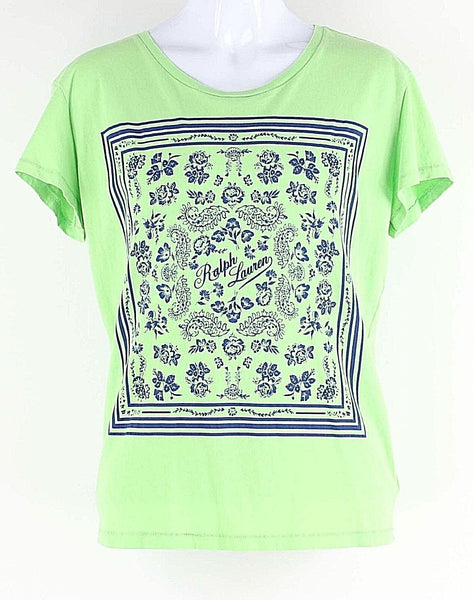 Ralph Lauren Sz 16 Girls Lime Green Royal Blue Logo Graphic 100% Cotton Top