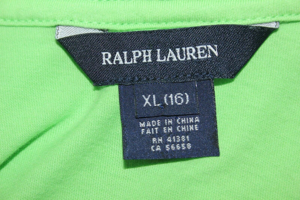 Ralph Lauren Sz 16 Girls Lime Green Royal Blue Logo Graphic 100% Cotton Top