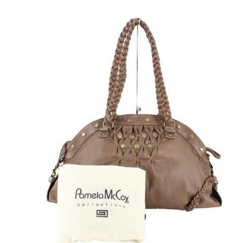 Pamela McCoy 19 x 10 Brown Brass Stud Faux Vegan Leather Shoulder Purse