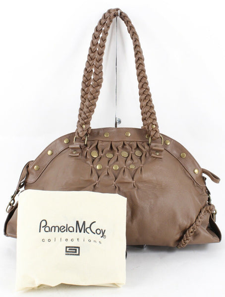 Pamela McCoy 19 x 10 Brown Brass Stud Faux Vegan Leather Shoulder Purse
