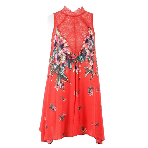 Free People Intimately Sz XS Red Multi Floral Lace High Neck 100% Rayon Top