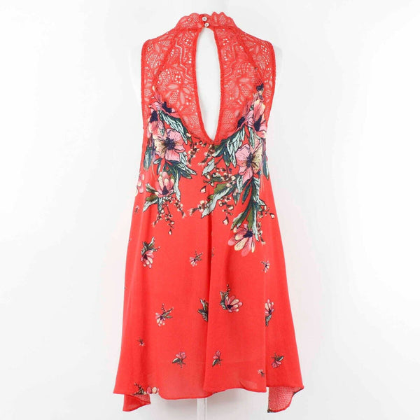 Free People Intimately Sz XS Red Multi Floral Lace High Neck 100% Rayon Top