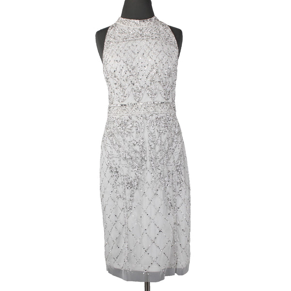 Adrianna Papell Dress Sz 10 White Silver Beaded Sequin Halter Lined Dress