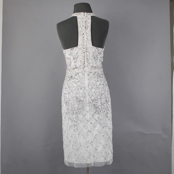 Adrianna Papell Dress Sz 10 White Silver Beaded Sequin Halter Lined Dress
