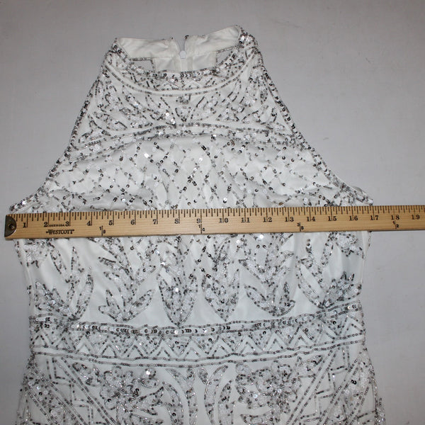 Adrianna Papell Dress Sz 10 White Silver Beaded Sequin Halter Lined Dress