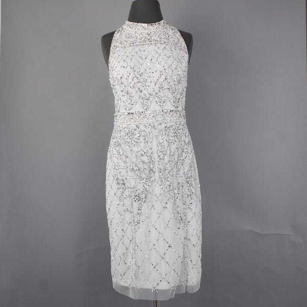 Adrianna Papell Dress Sz 10 White Silver Beaded Sequin Halter Lined Dress
