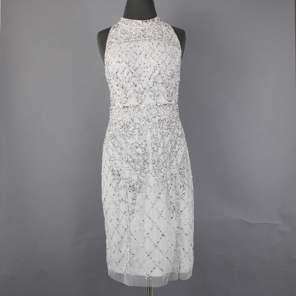 Adrianna Papell Dress Sz 10 White Silver Beaded Sequin Halter Lined Dress