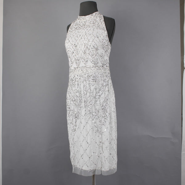 Adrianna Papell Dress Sz 10 White Silver Beaded Sequin Halter Lined Dress