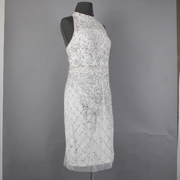 Adrianna Papell Dress Sz 10 White Silver Beaded Sequin Halter Lined Dress