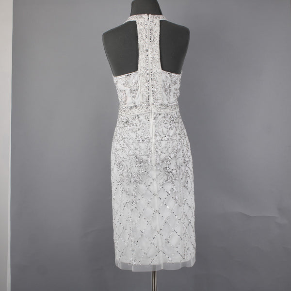 Adrianna Papell Dress Sz 10 White Silver Beaded Sequin Halter Lined Dress