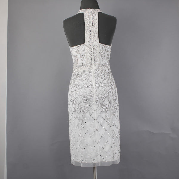 Adrianna Papell Dress Sz 10 White Silver Beaded Sequin Halter Lined Dress