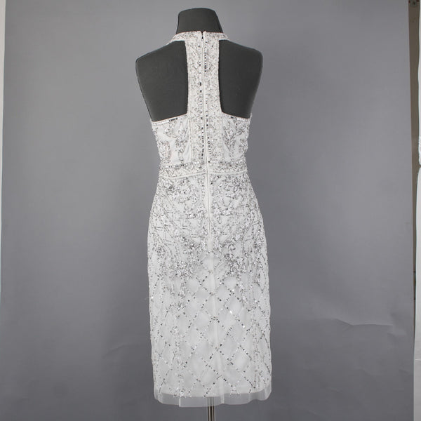 Adrianna Papell Dress Sz 10 White Silver Beaded Sequin Halter Lined Dress