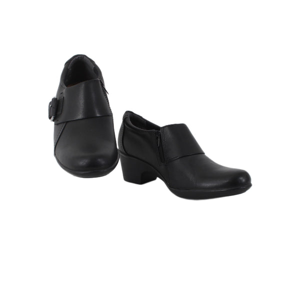 Clarks Booties Collection Sz 6 Black Silver Buckle Side Zip Leather 2" Booties