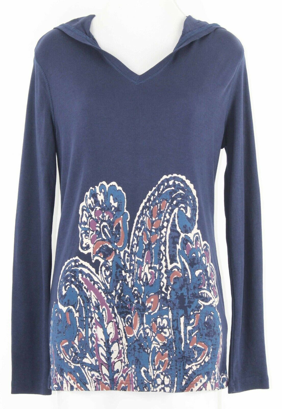 Chaps NEW $59 Sz S Navy Beige Multi Hooded Pullover 100% Cotton Knit Top