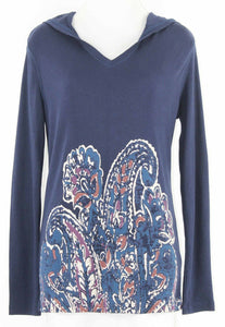 Chaps NEW $59 Sz S Navy Beige Multi Hooded Pullover 100% Cotton Knit Top