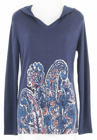 Chaps NEW $59 Sz S Navy Beige Multi Hooded Pullover 100% Cotton Knit Top