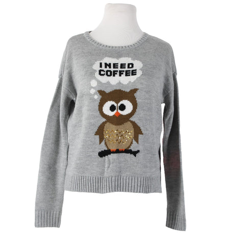Almost Famous NEW $49 Sz XS Gray Multi Color 'I Need Coffee 100% Acrylic Sweater
