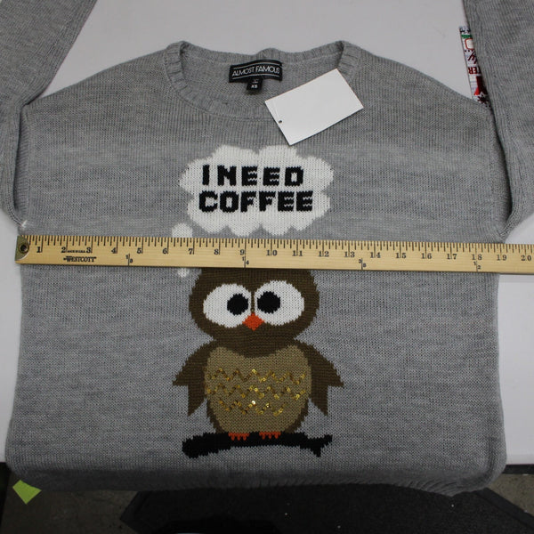 Almost Famous NEW $49 Sz XS Gray Multi Color 'I Need Coffee 100% Acrylic Sweater