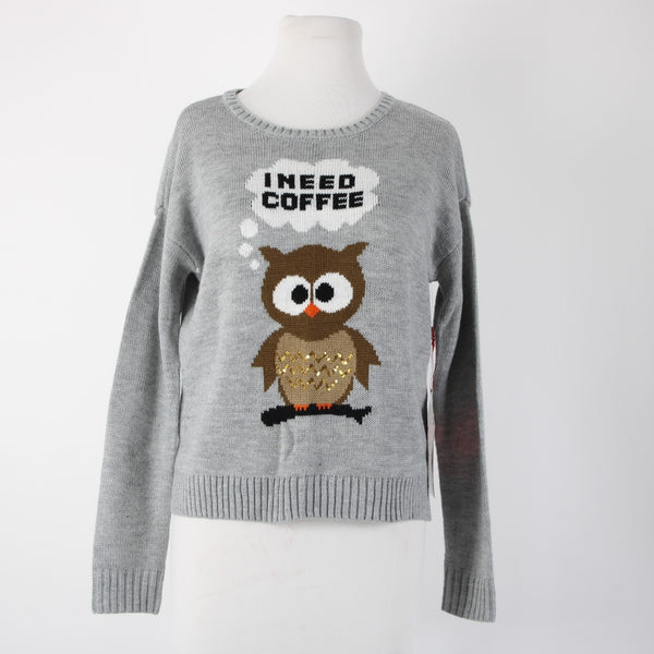 Almost Famous NEW $49 Sz XS Gray Multi Color 'I Need Coffee 100% Acrylic Sweater