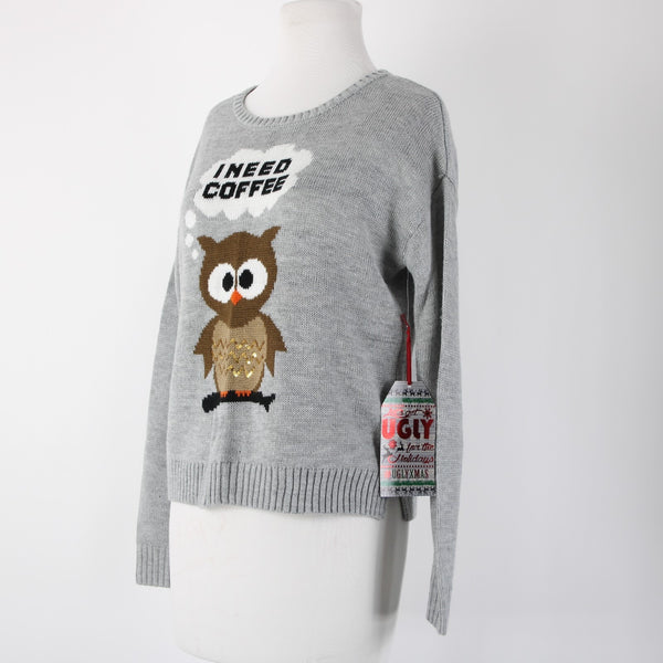 Almost Famous NEW $49 Sz XS Gray Multi Color 'I Need Coffee 100% Acrylic Sweater
