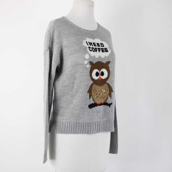Almost Famous NEW $49 Sz XS Gray Multi Color 'I Need Coffee 100% Acrylic Sweater