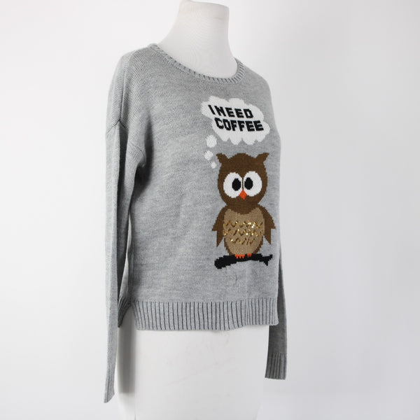 Almost Famous NEW $49 Sz XS Gray Multi Color 'I Need Coffee 100% Acrylic Sweater