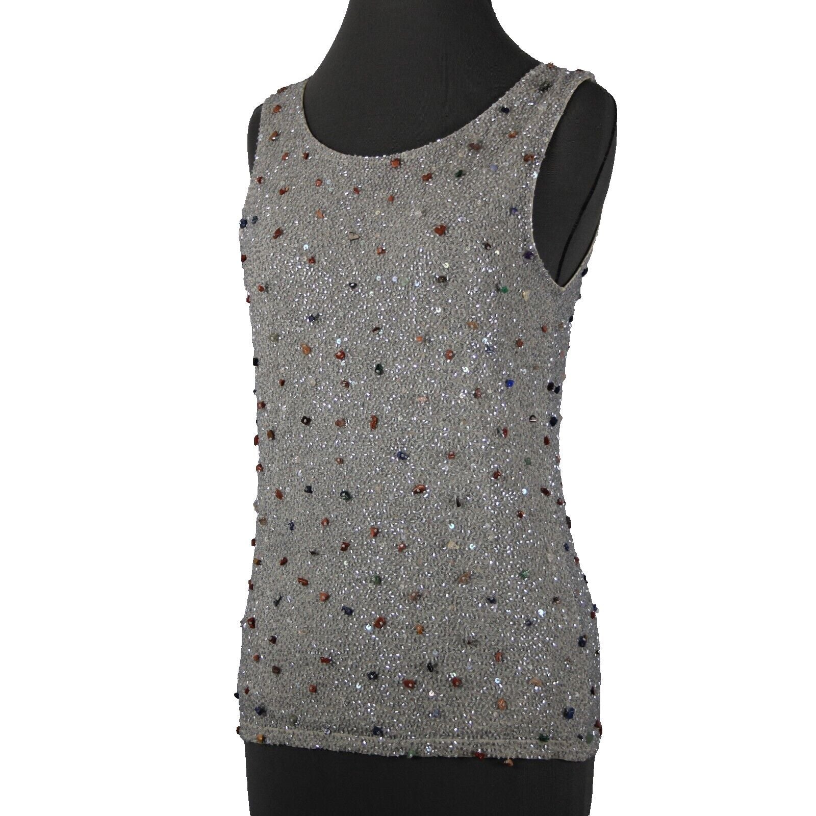 Krizia Sz 46 Gray Multi Color Full Beaded Embroidered Sleeveless Nylon Rayon Top