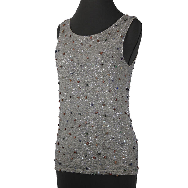 Krizia Sz 46 Gray Multi Color Full Beaded Embroidered Sleeveless Nylon Rayon Top