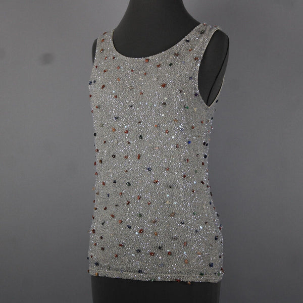 Krizia Sz 46 Gray Multi Color Full Beaded Embroidered Sleeveless Nylon Rayon Top