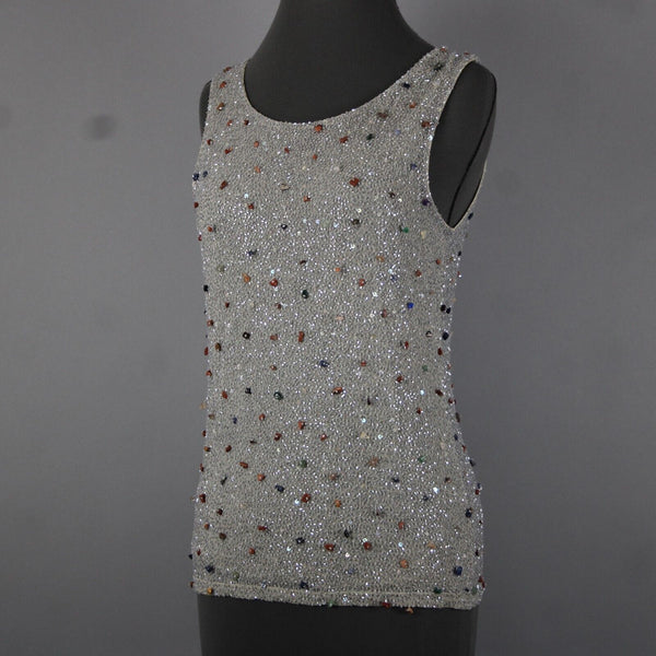 Krizia Sz 46 Gray Multi Color Full Beaded Embroidered Sleeveless Nylon Rayon Top